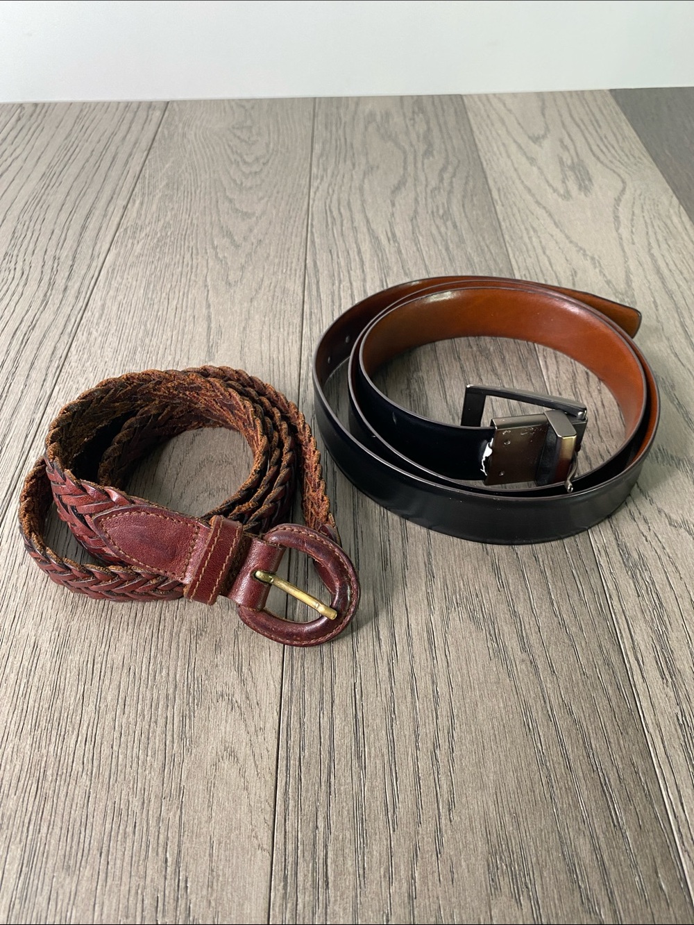 (2) Belts - Classic Black Leather Dress Belt & Brown Braided Leather Belt Set